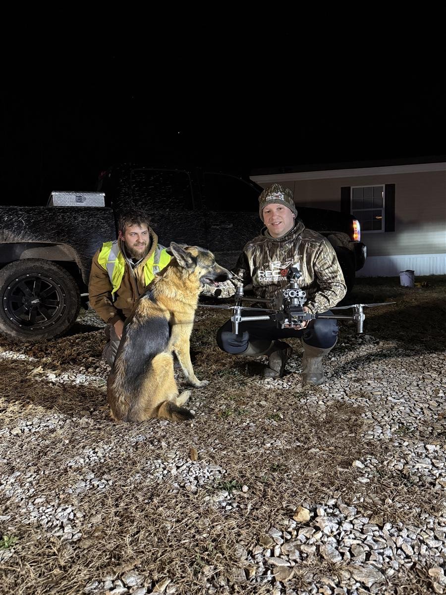 Recon1 crew with a German Shepherd and drone before a night search